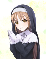 Rule 34 | 1girl, blonde hair, frilled gloves, frills, gloves, long hair, long sleeves, looking at viewer, nijisanji, nun, own hands together, roudou zero, sister claire, sister claire (1st costume), smile, tagme, traditional nun, virtual youtuber, white background, white gloves, yellow eyes