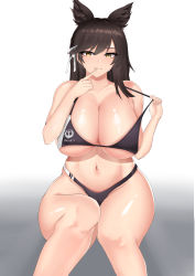 Rule 34 | 1girl, animal ears, atago (azur lane), atago (stunning speedster) (azur lane), azur lane, bad id, bad pixiv id, bare legs, bikini, breasts, cleavage, clothes pull, unworn clothes, dog ears, dog girl, finger to mouth, highres, huge breasts, looking at viewer, mole, mole under eye, race queen, sitting, strap pull, swimsuit, unworn thighhighs, thighs, yellow eyes, zei7u