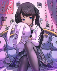 Rule 34 | 1girl, ao ne, bandaid, bed, bed frame, black bow, black hair, black ribbon, black thighhighs, blue eyes, bow, drawing (object), facing viewer, frilled skirt, frills, hair ribbon, highres, holding, holding stuffed toy, hololive, hugging doll, hugging object, indoors, long hair, long sleeves, on bed, oozora subaru, ribbon, shirt, sitting, skirt, solo, stationery, stuffed animal, stuffed rabbit, stuffed toy, teddy bear, thighhighs, twintails, two-tone skirt, virtual youtuber