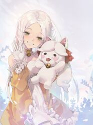 Rule 34 | 1girl, absurdres, bell, blush, character request, choker, destiny child, dress, gloves, grin, highres, holding, holding stuffed toy, korean commentary, long hair, long sleeves, looking at viewer, neck bell, orange choker, orange dress, smile, stuffed toy, very long hair, white dress, white gloves, white hair, wonchun
