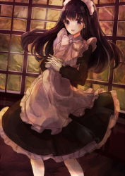 Rule 34 | 1girl, :d, apron, black dress, black hair, blush, bow, bowtie, cowboy shot, dress, indoors, kashiwagi chisame, long hair, looking at viewer, maid, open mouth, original, own hands clasped, own hands together, pantyhose, purple eyes, sketch, smile, solo, standing, white apron, white bow, white bowtie, white pantyhose, window