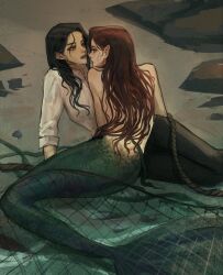 Rule 34 | 2girls, artist name, beach, black hair, brown hair, commentary, highres, long hair, looking at another, mermaid, monster girl, multiple girls, original, parted lips, pointy ears, symbol-only commentary, tcn tancha, teeth, upper teeth only, wet, wet clothes, wet hair, yuri