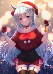 Rule 34 | 1girl, animal ears, bell, black thighhighs, blue hair, blurry, blurry background, capelet, commentary request, cowboy shot, fur-trimmed capelet, fur-trimmed gloves, fur-trimmed shorts, fur trim, garter straps, gloves, handbell, haruhitooo, hat, heart collar, highres, holding, holding bell, horse ears, horse girl, light blue hair, long hair, looking at viewer, mejiro ardan (umamusume), pom pom (clothes), purple eyes, red gloves, santa hat, shorts, solo, thighhighs, umamusume, very long hair