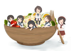 Rule 34 | 6+girls, alternate costume, aoshima sakana, black hair, blush, bowl, braid, brown hair, chef, chef hat, closed eyes, commentary request, eating, egg, food, fork, fubuki (kancolle), hat, hatsuyuki (kancolle), holding, in bowl, in container, in food, isonami (kancolle), kantai collection, kneehighs, long hair, looking at another, looking at viewer, mini person, minigirl, mixing bowl, miyuki (kancolle), multiple girls, open mouth, oversized object, pleated skirt, potato salad, sailor collar, salad, school uniform, serafuku, shirayuki (kancolle), short hair, short sleeves, simple background, sitting, skirt, smile, socks, tomato, twin braids, uranami (kancolle), vegetable