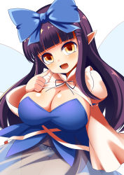 Rule 34 | 1girl, :d, alternate breast size, black hair, blush, bow, breasts, cleavage cutout, clothing cutout, dress, fairy, gero zoukin, hair bow, highres, hime cut, large breasts, long hair, open mouth, panties, pantyshot, pointy ears, simple background, smile, solo, star sapphire, touhou, underwear, upper body, white background, wide sleeves, yellow eyes