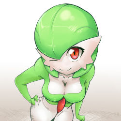 Rule 34 | 1girl, breasts, cleavage, colored skin, creatures (company), downblouse, female focus, game freak, gardevoir, gen 3 pokemon, hair between eyes, hand on own hip, large breasts, leaning forward, looking at viewer, mrploxykun, nintendo, one eye closed, pokemon, pokemon (creature), red eyes, simple background, smile, solo, white skin, wink
