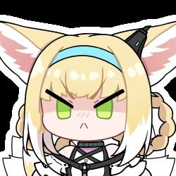 1girl :&lt; acomu414 animal_ears animated animated_gif arknights blonde_hair blue_hairband chibi closed_mouth commentary_request earpiece fox_ears fox_girl fox_tail green_eyes hairband infection_monitor_(arknights) kitsune korean_commentary kyuubi lowres multiple_tails simple_background solo suzuran_(arknights) tail transparent_background