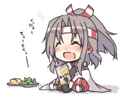 Rule 34 | 1girl, beer can, can, closed eyes, commentary request, drink can, drunk, food, grey hair, hachimaki, hakama, hakama pants, hakama shorts, headband, high ponytail, japanese clothes, kantai collection, long hair, muneate, nakadori (movgnsk), omelet, pants, ponytail, shorts, simple background, sitting, solo, strong zero, tamagoyaki, translation request, white background, zuihou (kancolle)