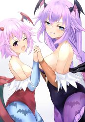 Rule 34 | absurdres, bare shoulders, bimmy, blue eyes, bodysuit, braid, brave neptune, breasts, cleavage, cosplay, four goddesses online: cyber dimension neptune, halloween, happy, highres, lilith aensland, lilith aensland (cosplay), long hair, medium breasts, morrigan aensland, morrigan aensland (cosplay), neptune (neptunia), neptune (series), one eye closed, open mouth, purple eyes, purple hair, purple heart (neptunia), short hair, small breasts, smile, vampire (game), very long hair, wink
