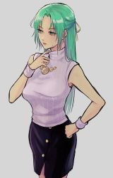 Rule 34 | 1girl, adjusting clothes, annoyed, bare arms, black skirt, breasts, button up skirt, buttons, collar tug, commentary, cowboy shot, english commentary, green eyes, green hair, green ribbon, grey background, hair intakes, hair ribbon, half updo, hand on own hip, hand up, highres, higurashi no naku koro ni, lips, long hair, looking away, looking to the side, medium breasts, medium skirt, parted bangs, parted lips, pencil skirt, pink sweater, ribbed sweater, ribbon, sidelocks, sideways glance, simple background, skirt, sleeveless, sleeveless sweater, solo, sonozaki shion, sweat, sweater, teeth, tofucakes, turtleneck, twitter username, wristband, yellow ribbon