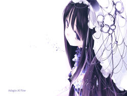 Rule 34 | 1girl, black dress, dress, from side, headdress, highres, italian text, long hair, looking to the side, purple eyes, purple hair, simple background, solo, sumi keiichi, upper body, veil, very long hair, white background