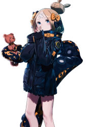 Rule 34 | 1girl, abigail williams (fate), abigail williams (traveling outfit) (fate), bandaid, bandaid on face, black bow, black coat, blonde hair, bow, coat, fate/grand order, fate (series), hair bow, hair bun, highres, long hair, multiple hair bows, official alternate costume, orange bow, parted bangs, polka dot, polka dot bow, shikinnsonn, simple background, single hair bun, sleeves past wrists, solo, standing, stuffed animal, stuffed toy, teddy bear, white background