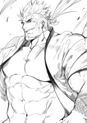 Rule 34 | 1boy, abs, arm tattoo, asymmetrical hair, bara, bare pectorals, chest tattoo, facial hair, goatee, gomtang, greyscale, happi, japanese clothes, kimono, large pectorals, long hair, male focus, mature male, monochrome, muscular, muscular male, navel, navel hair, nipples, open clothes, open kimono, original, pectorals, ponytail, shark (gomtang), sharp teeth, sideburns, sidecut, smile, smirk, solo, stomach, tattoo, teeth, thick eyebrows, undercut, upper body, wind