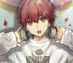 Rule 34 | 1boy, blue lock, braid, hands up, headphones, kurona ranze, long sleeves, looking at viewer, male focus, open mouth, red eyes, red hair, short hair, side braid, single braid, sleeves past wrists, slit pupils, solo, squr11608, sweater, teeth, upper body, upper teeth only, white sweater