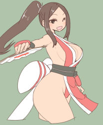 Rule 34 | 1girl, :d, back bow, bad id, bad tumblr id, bare shoulders, black sash, blush, bow, breasts, brown eyes, brown hair, cropped legs, fatal fury, female focus, folding fan, from side, green background, hand fan, highleg, highleg leotard, holding, holding fan, large breasts, leotard, looking at viewer, looking to the side, matching hair/eyes, no nose, one eye closed, open mouth, parted bangs, pelvic curtain, ponytail, red leotard, sash, shiranui mai, sidelocks, simple background, smile, solo, sumiyao (amam), the king of fighters, wink, wristband