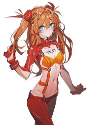 Rule 34 | 1girl, blue eyes, blush, bodysuit, breasts, covered navel, evangelion: 2.0 you can (not) advance, highres, interface headset, kamameshi gougoumaru, long hair, looking at viewer, multicolored bodysuit, multicolored clothes, neon genesis evangelion, orange hair, plugsuit, rebuild of evangelion, red bodysuit, simple background, small breasts, solo, souryuu asuka langley, standing, test plugsuit, white background
