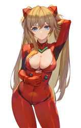 Rule 34 | 1girl, absurdres, arm up, blue eyes, bodysuit, breasts, brown hair, cleavage, closed mouth, contrapposto, cowboy shot, gloves, gluteal fold, hair ornament, hand in own hair, highres, lance (lancelliu), large breasts, long hair, looking at viewer, neon genesis evangelion, plugsuit, red bodysuit, red gloves, simple background, solo, souryuu asuka langley, torn bodysuit, torn clothes, two side up, very long hair, white background