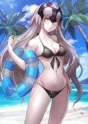 &gt;:o 1girl :o beach bikini black_bikini blue_sky blurry blush breasts cloud cloudy_sky cowboy_shot day depth_of_field fate/grand_order fate_(series) female_focus front-tie_bikini_top front-tie_top grey_hair hand_up headpiece highres innertube jeanne_d&#039;arc_(fate) jeanne_d&#039;arc_alter_(avenger)_(fate) jeanne_d&#039;arc_alter_(fate) light_rays long_hair looking_at_viewer medium_breasts navel omoti_(1201208) outdoors parted_lips revision side-tie_bikini_bottom sky solo starfish sunbeam sunlight swim_ring swimsuit thighs v-shaped_eyebrows very_long_hair yellow_eyes