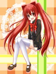 Rule 34 | 1girl, :d, aloe (quiz magic academy), highres, long hair, looking at viewer, mary janes, open mouth, quiz magic academy, red eyes, red hair, school uniform, shoes, sitting, smile, sogaya, solo, thighhighs, twintails, very long hair, white thighhighs, zettai ryouiki