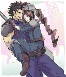 Rule 34 | 1boy, 1girl, absurdres, aerith gainsborough, armor, black hair, boots, braid, braided ponytail, brown hair, buster sword, carrying, cosplay, final fantasy, final fantasy vii, final fantasy vii remake, gloves, green eyes, happy, helmet, highres, long hair, looking at another, one eye closed, princess carry, shinra infantry, shinra infantry (cosplay), shinra infantry uniform, shoji sakura, shoulder armor, smile, spiked hair, square enix, weapon, weapon on back, zack fair
