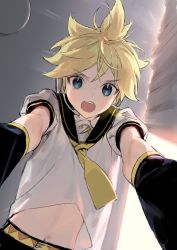 Rule 34 | 1boy, aqua eyes, arm warmers, backlighting, bass clef, belt, black collar, blonde hair, collar, commentary, curtains, from below, headphones, headset, indoors, kagamine len, looking at viewer, looking down, male focus, midriff, naoko (naonocoto), navel, necktie, open mouth, outstretched arms, pov, sailor collar, shirt, short sleeves, sketch, solo, spiked hair, v-shaped eyebrows, vocaloid, white shirt, yellow necktie