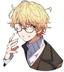 Rule 34 | 1boy, black-framed eyewear, blonde hair, brown coat, brown vest, coat, cropped torso, disembodied hand, glasses, grin, highres, hoshi-toge, long sleeves, looking at viewer, male focus, project sekai, round eyewear, smile, solo, sweater, tenma tsukasa, turtleneck, turtleneck sweater, upper body, vest, white background, white sweater, wing collar, yellow eyes, zozotown