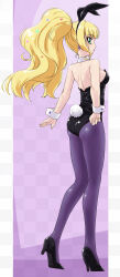 Rule 34 | 1girl, absurdres, animal ears, ass, black leotard, blonde hair, blue eyes, cure finale, delicious party precure, dengeki gx, detached collar, from behind, full body, green eyes, highres, leotard, long hair, looking at viewer, pantyhose, playboy bunny, precure, purple pantyhose, rabbit ears, rabbit tail, solo, standing, strapless, strapless leotard, tail, wrist cuffs