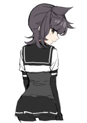 Rule 34 | 1girl, ass, black bodysuit, black skirt, bodysuit, brown eyes, brown hair, from behind, hair horns, hatsuzuki (kancolle), highres, kantai collection, looking at viewer, looking back, sayuwan, short sleeves, simple background, skirt, solo, white background