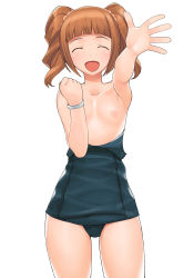 Rule 34 | 00s, 1girl, :d, a1 (initial-g), bracelet, brown hair, closed eyes, clothes pull, drill hair, flat chest, foreshortening, high five, highres, idolmaster, idolmaster (classic), jewelry, nipples, one-piece swimsuit, one-piece swimsuit pull, open mouth, school swimsuit, smile, solo, swimsuit, takatsuki yayoi, topless, twintails