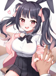 Rule 34 | 1girl, 1other, animal ears, black hair, blush, bow, bowtie, breasts, cardigan, collared shirt, commentary request, hair ribbon, hand on own chest, heart, heart-shaped pupils, highres, holding hands, kawagami raito, large breasts, long hair, looking at viewer, nail polish, off shoulder, open mouth, original, partial commentary, pink eyes, pleated skirt, pov, rabbit ears, rabbit girl, ribbon, shirt, shirt tucked in, sitting, skirt, smile, solo focus, sweat, symbol-shaped pupils, twintails
