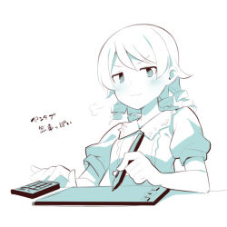 Rule 34 | 1girl, :3, bad id, bad pixiv id, blush, closed mouth, collared dress, drawing tablet, dress, holding, holding stylus, idolmaster, idolmaster cinderella girls, looking at viewer, monochrome, puffy short sleeves, puffy sleeves, ringlets, short sleeves, simple background, smug, solo, stylus, translation request, uccow, upper body, v-shaped eyebrows, white background