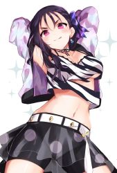 1girl, :q, armpits, arms behind head, arms up, belt, bike shorts, black hair, black shorts, bow, choker, cowboy shot, crop top, crop top overhang, cropped jacket, earrings, goroo (eneosu), hair bow, highres, jacket, jewelry, kazuno sarah, long hair, long sleeves, looking at viewer, love live!, love live! sunshine!!, midriff, miniskirt, navel, open clothes, open jacket, pink eyes, see-through, shirt, short shorts, shorts, shorts under skirt, simple background, skirt, sleeveless, sleeveless shirt, smile, solo, stomach, tongue, tongue out, torn clothes, torn shirt, v-shaped eyebrows, white background, white jacket