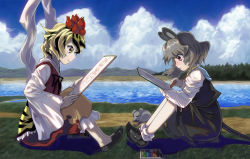 Rule 34 | 2girls, animal ears, animal print, blonde hair, blue sky, blush, cloud, day, drawing, drawing equipment, female focus, forest, grey hair, hair ornament, highres, long sleeves, mountain, mouse (animal), mouse ears, mouse tail, multicolored hair, multiple girls, nature, nazrin, red eyes, river, shawl, shirt, short hair, sitting, skirt, sky, syope, tail, tiger print, toramaru shou, touhou, two-tone hair, vest, wide sleeves, yellow eyes