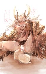 Rule 34 | 1girl, bar censor, bird legs, blush, breasts, brown eyes, brown wings, censored, clenched teeth, commentary request, dated, egg, egg laying, elil (granblue fantasy), feathered wings, foot out of frame, granblue fantasy, hair over one eye, harpy, heart, highres, long hair, looking at viewer, lunaraven, medium breasts, monster girl, nipples, pussy, signature, solo, talons, teeth, white hair, wings