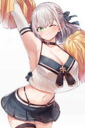 Rule 34 | 1girl, alternate costume, arm up, armpits, blue ribbon, blue skirt, breasts, brown choker, cheerleader, choker, clenched teeth, crop top, crop top overhang, green eyes, hair ribbon, highres, hololive, large breasts, looking at viewer, mole, mole on breast, mou tama maru, navel, one eye closed, pom pom (cheerleading), ribbon, shirogane noel, short hair, simple background, skirt, solo, teeth, virtual youtuber, white background, white hair