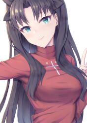 Rule 34 | 1girl, absurdres, black hair, black ribbon, blue eyes, breasts, closed mouth, commentary request, fate/stay night, fate (series), hair ribbon, highres, large breasts, long hair, long sleeves, ohguro mariya, parted bangs, red sweater, ribbon, simple background, smile, solo, sweater, tohsaka rin, two side up, v, white background