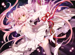 Rule 34 | 10s, 1girl, arrow (projectile), bow, bow (weapon), breasts, circle skirt, cleavage cutout, clothing cutout, drawing bow, dress, gloves, glowing, glowing weapon, hair bow, hair ribbon, holding, holding bow (weapon), holding weapon, kaname madoka, long hair, mahou shoujo madoka magica, mahou shoujo madoka magica (anime), petals, pink hair, purple thighhighs, rednian, ribbon, short sleeves, smile, solo, space, spoilers, thighhighs, two side up, ultimate madoka, very long hair, weapon, white dress, white gloves, yellow eyes, zettai ryouiki