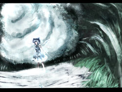 Rule 34 | 1girl, bad id, bad pixiv id, bare legs, blue dress, blue eyes, blue hair, cirno, dress, embodiment of scarlet devil, fairy, fairy wings, full body, ice, ice wings, letterboxed, matching hair/eyes, mifuru, short hair, solo, standing, touhou, water, wings