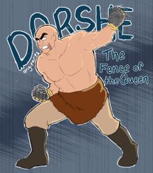 Rule 34 | 1boy, angiearts, bald, black eyes, black hair, boots, brown pants, character name, dorshe, facial scar, fighting stance, full body, knee boots, large pectorals, male focus, motion lines, muscular, muscular male, no nipples, ousama ranking, pants, pectorals, scar, scar on cheek, scar on face, scene reference, short hair, solo, thick eyebrows, topless male