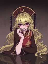Rule 34 | 1girl, blonde hair, blush, chinese clothes, crescent, dark background, eyebrows, hair between eyes, hat, highres, junko (touhou), long hair, looking at viewer, miata (miata8674), parted lips, red eyes, reflection, solo, tassel, touhou, upper body, very long hair, wide sleeves