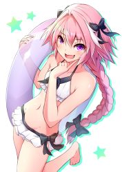 Rule 34 | 1boy, astolfo (fate), barefoot, bikini, black bow, blush, bow, braid, commentary request, fang, fate/grand order, fate (series), hair bow, hair intakes, highres, long hair, looking at viewer, male focus, multicolored hair, navel, official alternate costume, open mouth, pink hair, purple eyes, shishikai, simple background, single braid, skin fang, smile, solo, standing, standing on one leg, star (symbol), streaked hair, swimsuit, trap, white background, white bikini