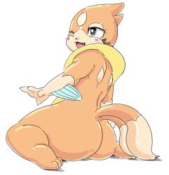 Rule 34 | 1girl, :3, animal feet, animal hands, animal nose, ass, back, barefoot, black eyes, blush, blush stickers, body fur, buizel, claws, completely nude, creatures (company), facial mark, fang, feet, female focus, fins, from behind, furry, furry female, game freak, gen 4 pokemon, half-closed eye, happy, multiple tails, nintendo, nousen, nude, one eye closed, open mouth, orange fur, personification, pokemon, pokemon (creature), sitting, sketch, smile, solo, tail, thick thighs, thighs, two-tone fur, two tails, whisker markings, wink, yellow fur