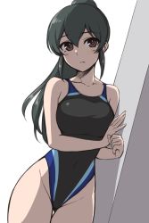 Rule 34 | 1girl, black hair, black one-piece swimsuit, breasts, brown eyes, collarbone, competition swimsuit, cowboy shot, idolmaster, idolmaster cinderella girls, long hair, looking at viewer, medium breasts, multicolored clothes, multicolored swimsuit, ohishi izumi, one-piece swimsuit, pataneet, ponytail, simple background, solo, swimsuit, white background