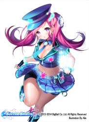 Rule 34 | 1girl, aile (crossroads), blue eyes, breasts, cleavage, crop top, hat, large breasts, long hair, midriff, navel, necktie, pink hair, police, police hat, police uniform, policewoman, skirt, soccer spirits, solo, star (symbol), sylvia (soccer spirits), twintails, uniform