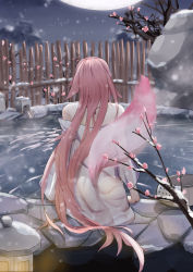 Rule 34 | 1girl, absurdres, animal ears, ass, back, branch, bucket, cherry blossoms, chinese commentary, commentary request, facing away, fence, flag888, floppy ears, fox ears, fox tail, from behind, genshin impact, highres, lamp, long hair, low ponytail, moon, night, nude, onsen, outdoors, pink hair, pink tail, see-through, sitting, sky, snowing, solo, star (sky), starry sky, steam, tail, towel, tree, very long hair, water, winter, wooden bucket, wooden fence, yae miko