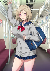 Rule 34 | 1girl, arm up, bag, bare legs, blonde hair, blue skirt, blush, bow, bowtie, breasts, buttons, covered erect nipples, highres, jk fuuzoku gakuensai, joy ride, large breasts, legs, long sleeves, looking at viewer, medium hair, miniskirt, open mouth, original, over shoulder, pink eyes, pleated skirt, school bag, school uniform, skirt, smile, solo, standing, thighs, train, train interior, unbuttoned