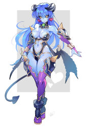Rule 34 | 1girl, armor, astaroth (shinrabanshou), bare shoulders, black sclera, blue hair, blue skin, breasts, bridal gauntlets, clothing cutout, colored sclera, colored skin, commentary request, commission, earrings, elbow gloves, full body, gloves, groin, heart, heart earrings, highres, jewelry, large breasts, leotard, long hair, looking at viewer, low wings, matsuda (matsukichi), navel, pixiv commission, pointy ears, purple gloves, purple nails, purple thighhighs, shinrabanshou, smile, solo, standing, stomach, stomach cutout, strapless, strapless leotard, thighhighs, v-shaped eyebrows, very long hair, wings, yellow eyes