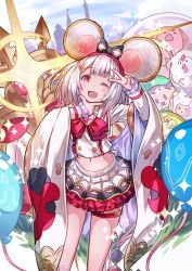 Rule 34 | 1girl, ;d, animal ears, balloon, bird, blouse, blush stickers, bow, bridal garter, brooch, chicken, commentary request, dog, gem, granblue fantasy, hair bow, hair ornament, hairclip, hand on own chin, heart, heart brooch, highres, jewelry, kazana (sakuto), long sleeves, looking at viewer, midriff, monkey, mouse (animal), mouse ears, navel, one eye closed, open mouth, pig, pleated skirt, red bow, red eyes, sheep, shirt, silver hair, skirt, smile, solo, sparkle, striped, striped bow, stroking own chin, v, vikala (granblue fantasy), white shirt, white skirt, wide sleeves
