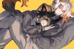 Rule 34 | 2boys, aak (arknights), absurdres, arknights, axianorange, belt, black belt, chinese commentary, claws, closed eyes, colored tips, commentary request, furry, furry male, grey jacket, grey pants, hand on another&#039;s chest, hand on another&#039;s head, highres, hung (arknights), jacket, komainu boy, komainu ears, komainu tail, looking at another, lying, lying on person, male focus, multicolored hair, multiple boys, orange eyes, pants, smile, yellow background