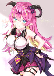 Rule 34 | 1girl, blue eyes, breasts, commentary request, demon horns, demon tail, hair between eyes, hair ornament, headphones, headphones around neck, heart, highres, hololive, horns, large breasts, mano aloe, multicolored hair, nail polish, pink hair, simple background, sleeveless, tail, virtual youtuber, yuano